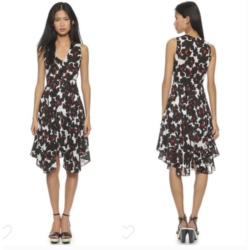 A.L.C. Nello Silk Dress 8 Midi Red Black White ALC Floral Handkerchief Luxury